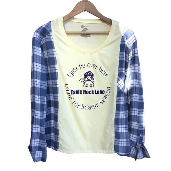 Reworked Flannel Tee, S-M: Table Rock Lake Lightweight Upcycled Shirt Remake - Picture 9 of 11